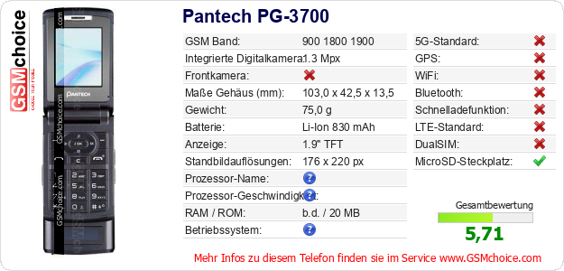 Pantech PG-3700 technische Daten Pantech PG-3700 technische Daten