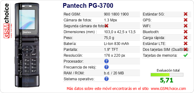 Pantech PG-3700 Datos técnicos del móvil 