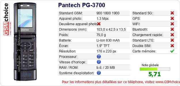 Pantech PG-3700 Fiche technique Pantech PG-3700 Fiche technique