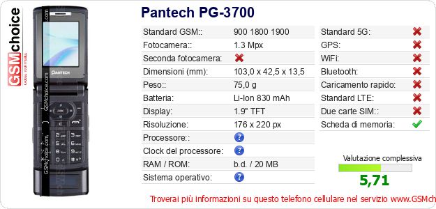 Pantech PG-3700 Dati tecnici di telefono cellulare Pantech PG-3700 Dati tecnici di telefono cellulare