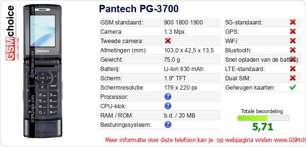 Pantech PG-3700 Technische gegevens Pantech PG-3700 Technische gegevens