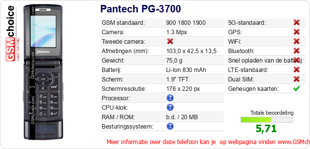 Pantech PG-3700 Technische gegevens Pantech PG-3700 Technische gegevens