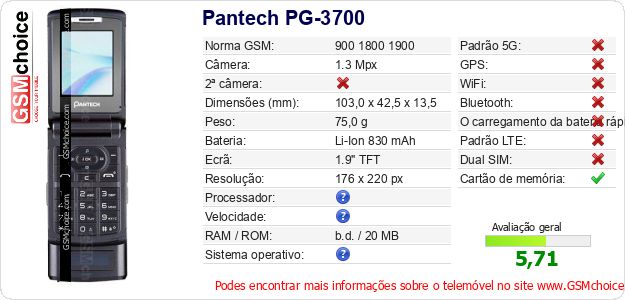Pantech PG-3700 Especificações técnicas do telemóvel 