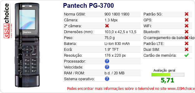 Pantech PG-3700 Especificações técnicas do telemóvel 