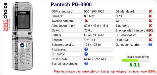 Pantech PG-3800 Technische gegevens Pantech PG-3800 Technische gegevens