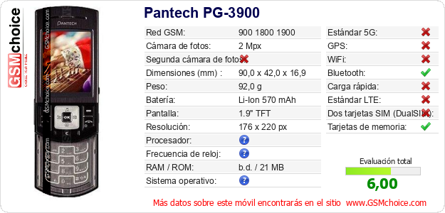 Pantech PG-3900 Datos técnicos del móvil Pantech PG-3900 Datos técnicos del móvil