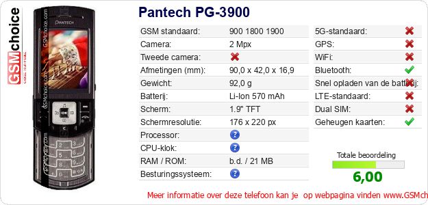 Pantech PG-3900 Technische gegevens Pantech PG-3900 Technische gegevens