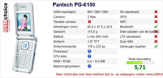 Pantech PG-6100 Technische gegevens Pantech PG-6100 Technische gegevens