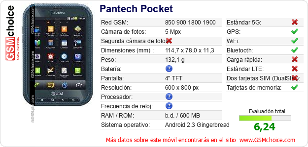 Pantech Pocket Datos técnicos del móvil Pantech Pocket Datos técnicos del móvil