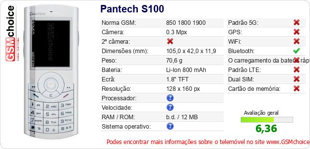 Pantech S100 Especificações técnicas do telemóvel Pantech S100 Especificações técnicas do telemóvel