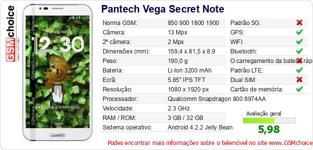 Pantech Vega Secret Note Especificações técnicas do telemóvel  Pantech Vega Secret Note Especificações técnicas do telemóvel