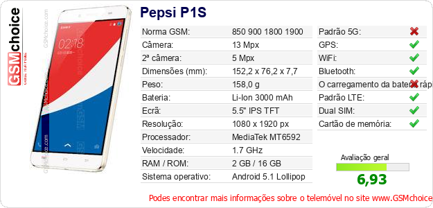 Pepsi P1S Especificações técnicas do telemóvel 