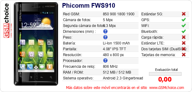 Phicomm FWS910 Datos técnicos del móvil 
