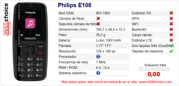 Philips E108 Datos técnicos del móvil 