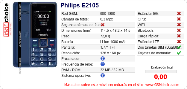 Philips E2105 Datos técnicos del móvil 
