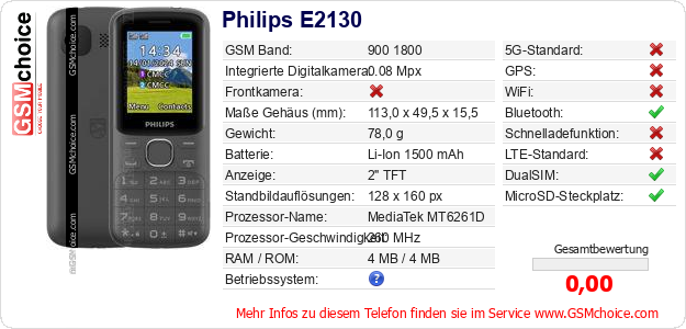 Philips E2130 technische Daten Philips E2130 technische Daten