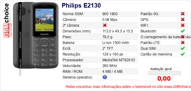 Philips E2130 Especificações técnicas do telemóvel 
