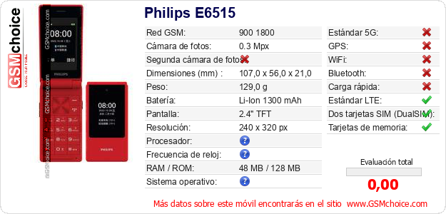 Philips E6515 Datos técnicos del móvil Philips E6515 Datos técnicos del móvil