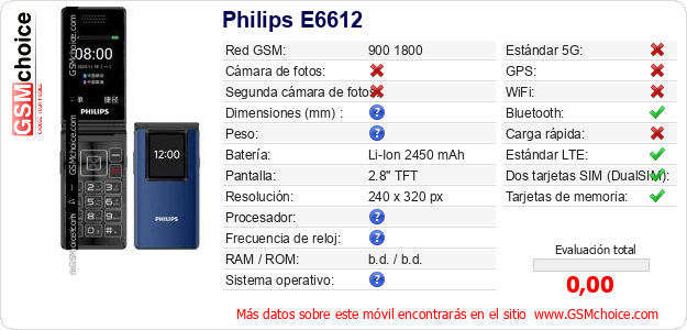 Philips E6612 Datos técnicos del móvil Philips E6612 Datos técnicos del móvil