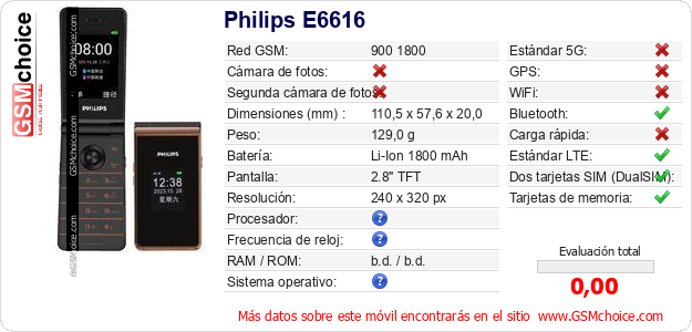 Philips E6616 Datos técnicos del móvil Philips E6616 Datos técnicos del móvil