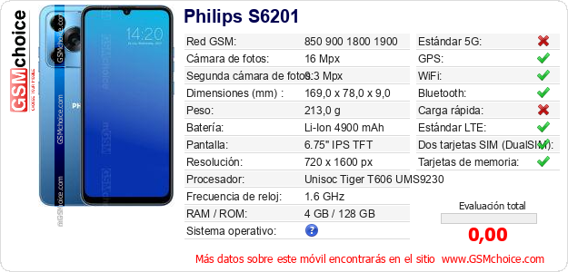 Philips S6201 Datos técnicos del móvil Philips S6201 Datos técnicos del móvil