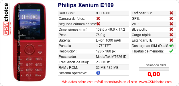 Philips Xenium E109 Datos técnicos del móvil 