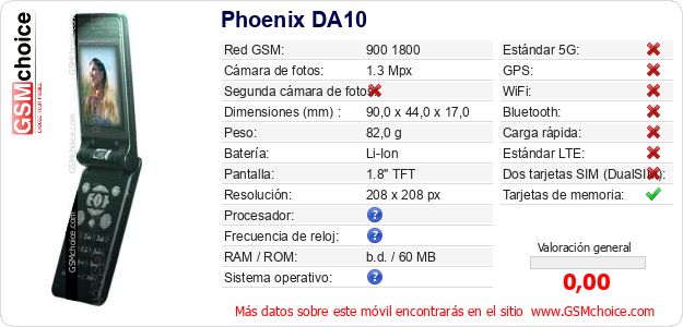 Phoenix DA10 Datos técnicos del móvil Phoenix DA10 Datos técnicos del móvil
