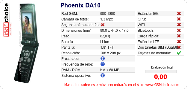 Phoenix DA10 Datos técnicos del móvil 