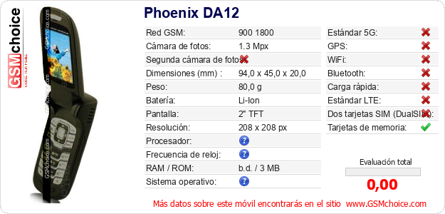 Phoenix DA12 Datos técnicos del móvil 