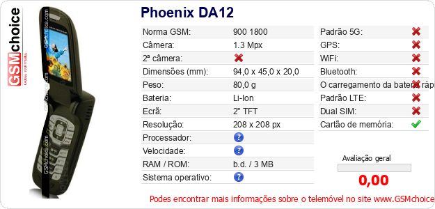 Phoenix DA12 Especificações técnicas do telemóvel 