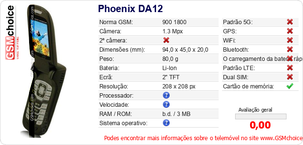 Phoenix DA12 Especificações técnicas do telemóvel 