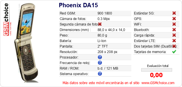 Phoenix DA15 Datos técnicos del móvil 