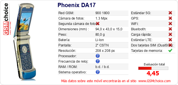 Phoenix DA17 Datos técnicos del móvil Phoenix DA17 Datos técnicos del móvil