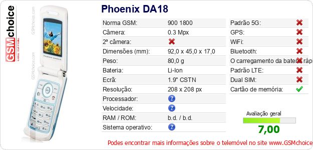 Phoenix DA18 Especificações técnicas do telemóvel Phoenix DA18 Especificações técnicas do telemóvel