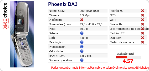 Phoenix DA3 Especificações técnicas do telemóvel Phoenix DA3 Especificações técnicas do telemóvel