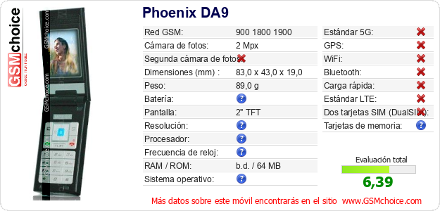 Phoenix DA9 Datos técnicos del móvil Phoenix DA9 Datos técnicos del móvil