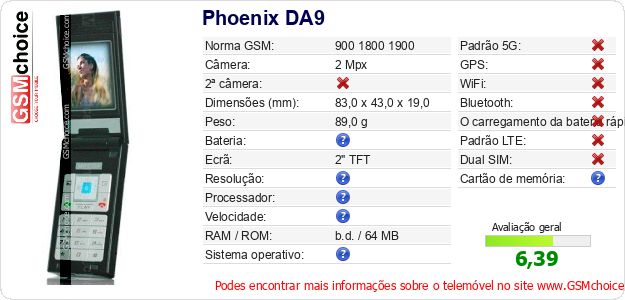 Phoenix DA9 Especificações técnicas do telemóvel 