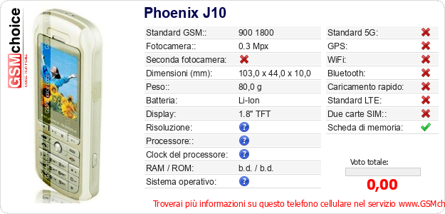 Phoenix J10 Dati tecnici di telefono cellulare Phoenix J10 Dati tecnici di telefono cellulare