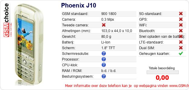 Phoenix J10 Technische gegevens 