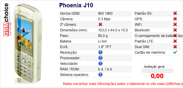 Phoenix J10 Especificações técnicas do telemóvel 