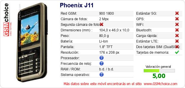 Phoenix J11 Datos técnicos del móvil Phoenix J11 Datos técnicos del móvil