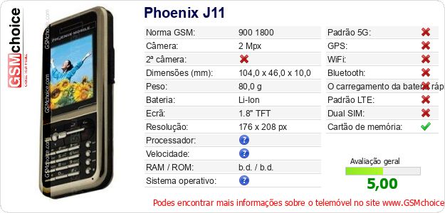 Phoenix J11 Especificações técnicas do telemóvel 