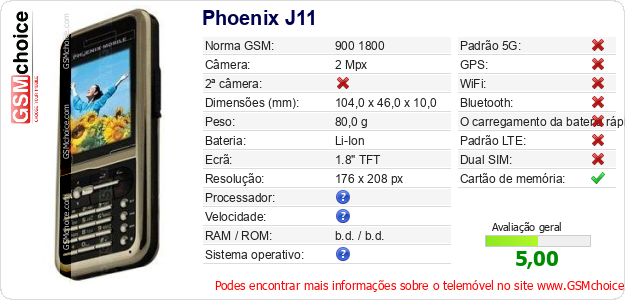 Phoenix J11 Especificações técnicas do telemóvel 