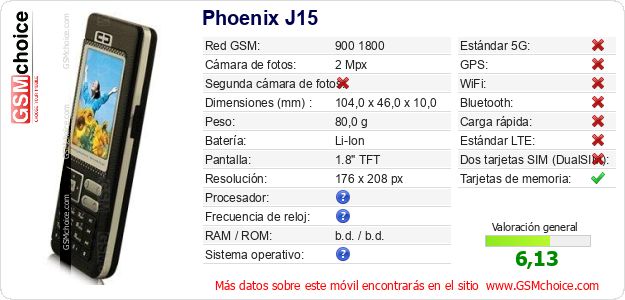 Phoenix J15 Datos técnicos del móvil Phoenix J15 Datos técnicos del móvil