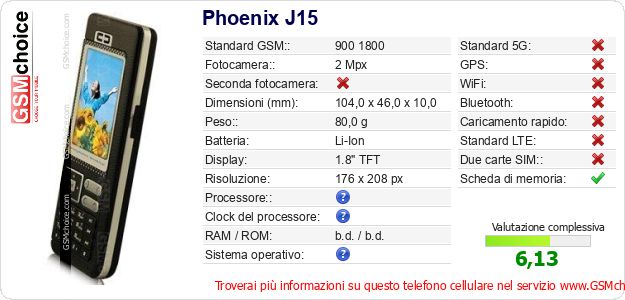 Phoenix J15 Dati tecnici di telefono cellulare Phoenix J15 Dati tecnici di telefono cellulare