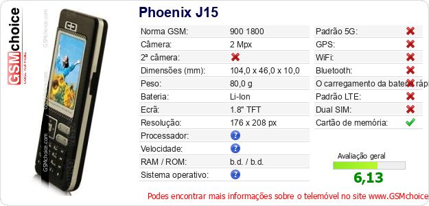 Phoenix J15 Especificações técnicas do telemóvel Phoenix J15 Especificações técnicas do telemóvel