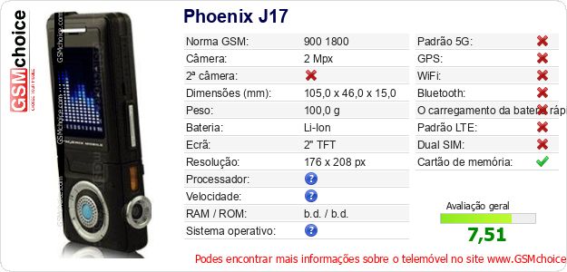 Phoenix J17 Especificações técnicas do telemóvel Phoenix J17 Especificações técnicas do telemóvel