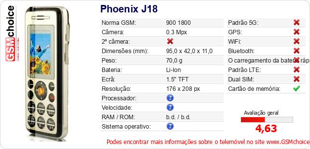Phoenix J18 Especificações técnicas do telemóvel Phoenix J18 Especificações técnicas do telemóvel