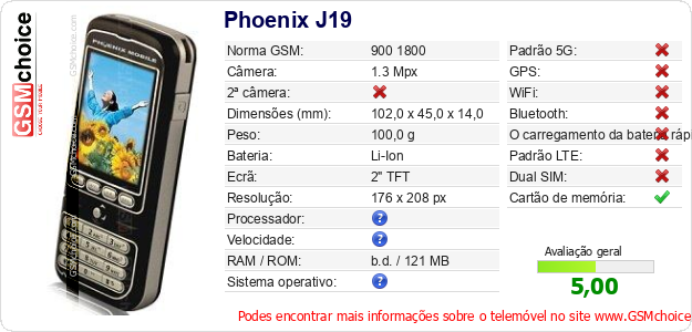 Phoenix J19 Especificações técnicas do telemóvel Phoenix J19 Especificações técnicas do telemóvel