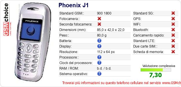 Phoenix J1 Dati tecnici di telefono cellulare 